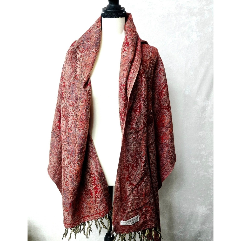 Vintage Rohtexx 100% Wool Red Paisley Pashmina Shawl El Corte Ingles Extra Large - Picture 10 of 11